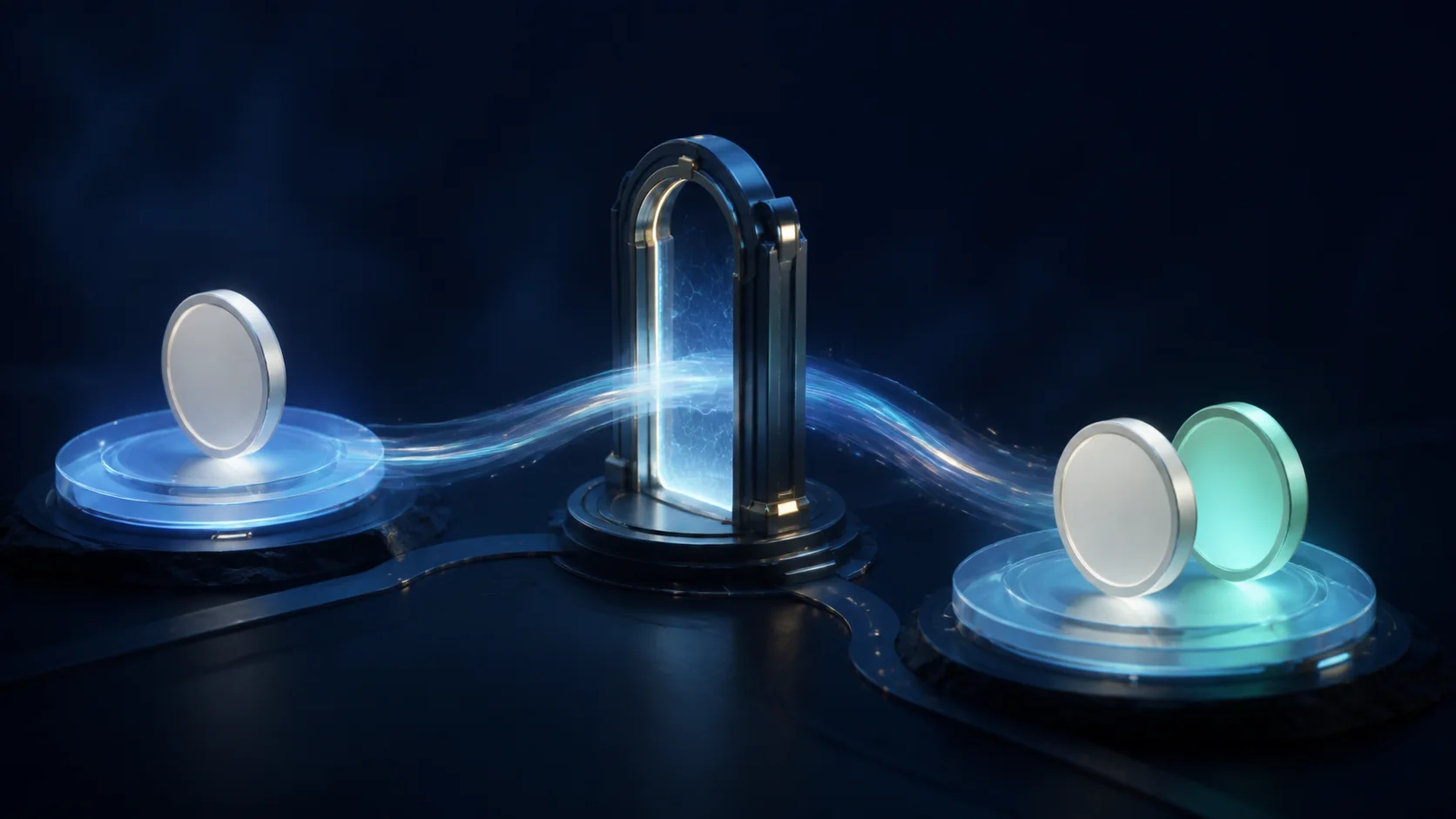 Token moving through a secure exchange gate between blockchain platforms
