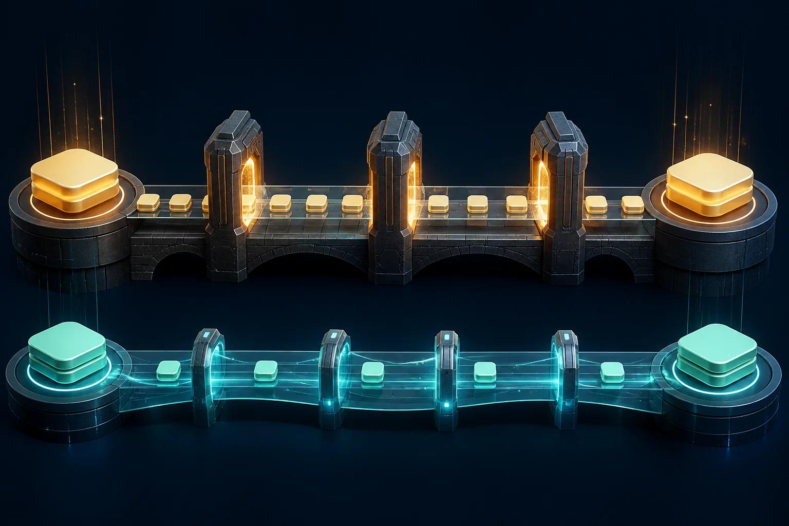 Text-free yield cycle showing bridged tokens entering a pool, producing rewards, and returning to reserve