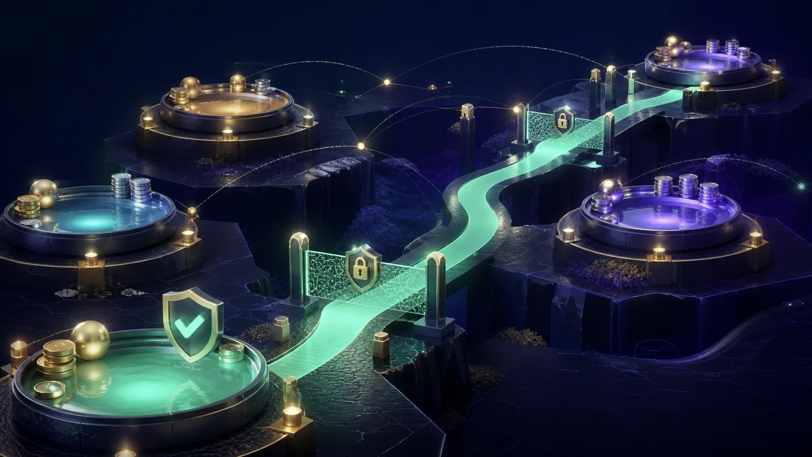Conceptual diversified cross-chain yield-farming route through connected liquidity pools