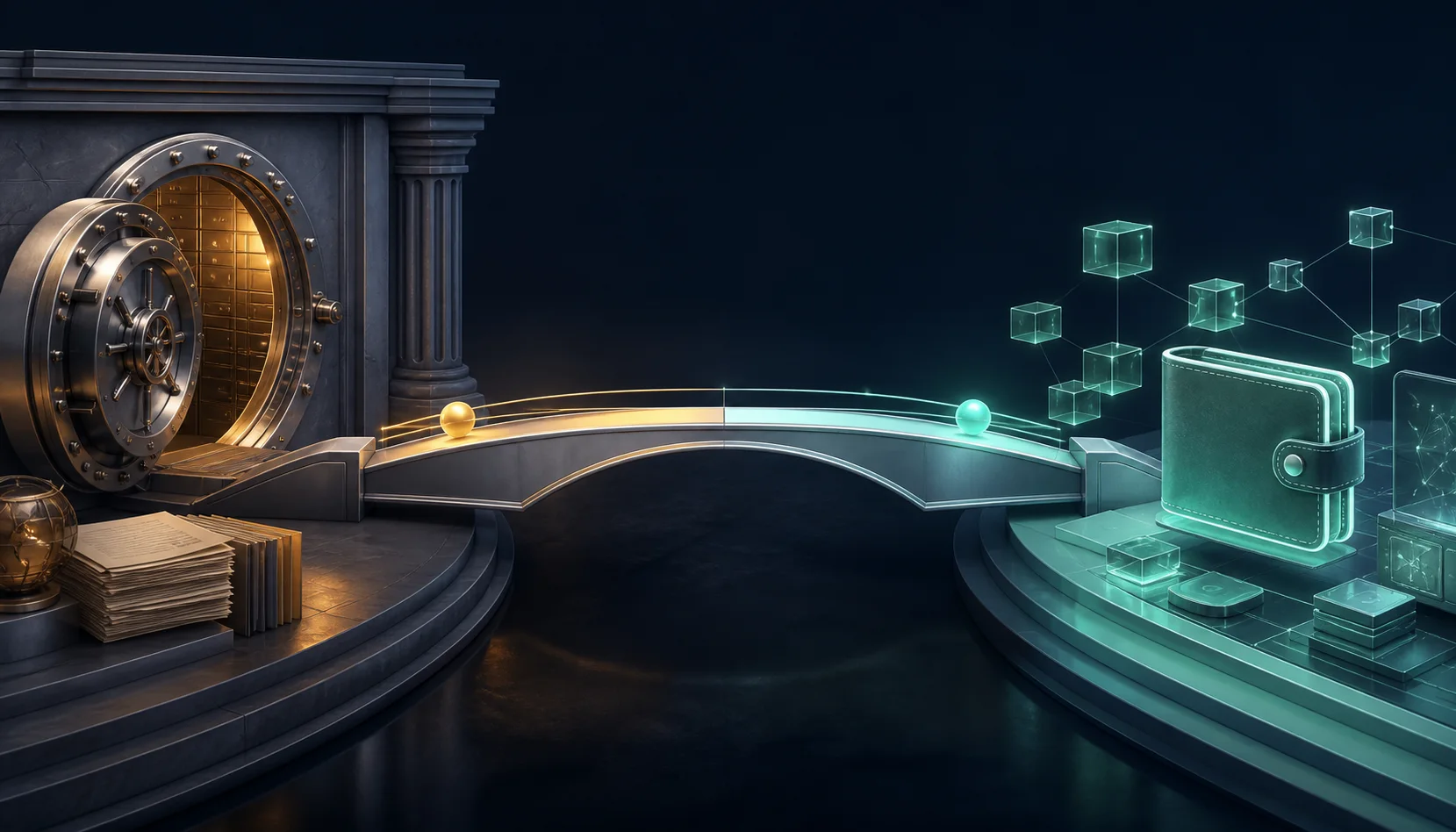 Conceptual bridge between a traditional bank vault and a digital crypto wallet network