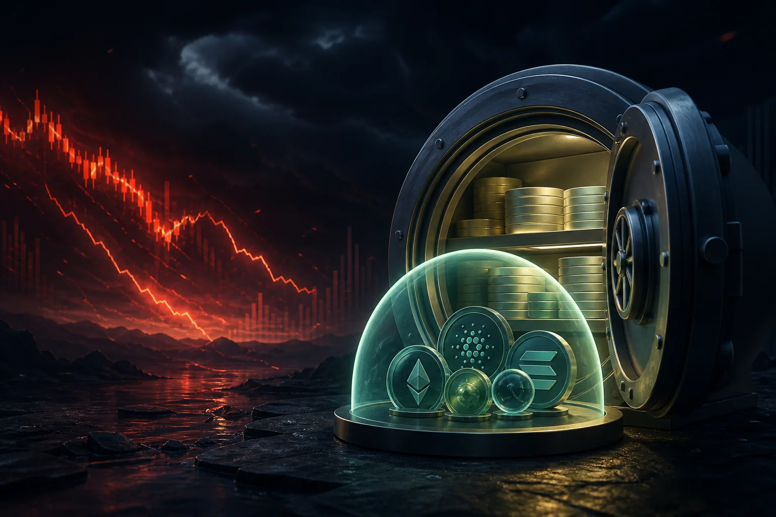 Conceptual stablecoin reserve protecting a crypto portfolio during a market selloff