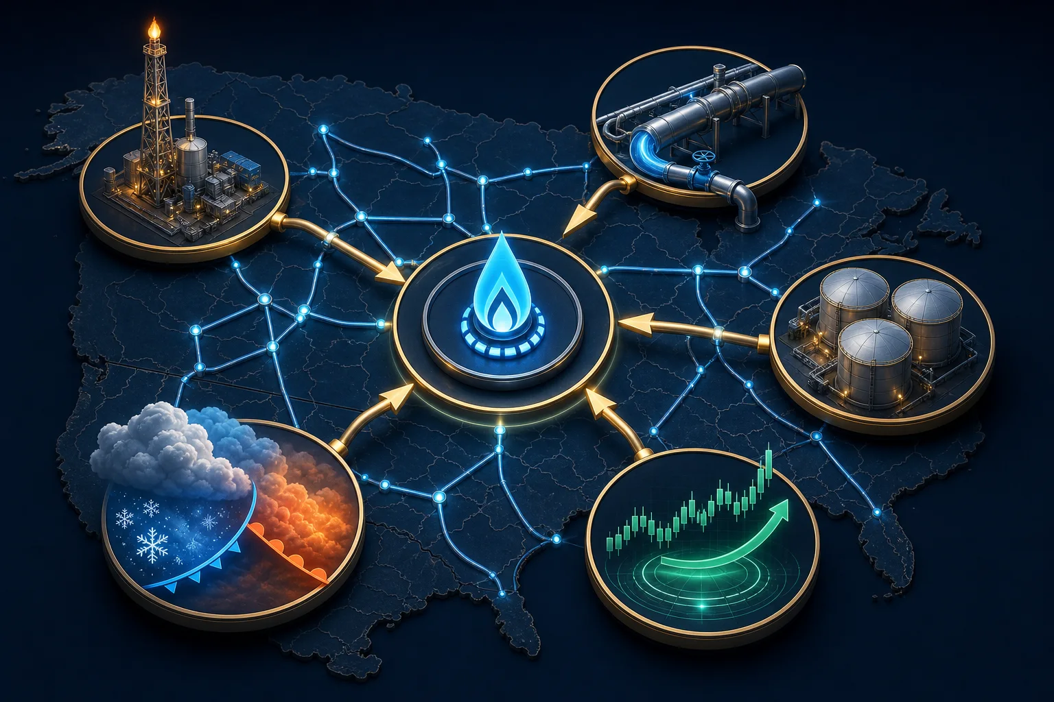 Conceptual energy-market system linking production, pipelines, storage, weather demand, and futures pricing