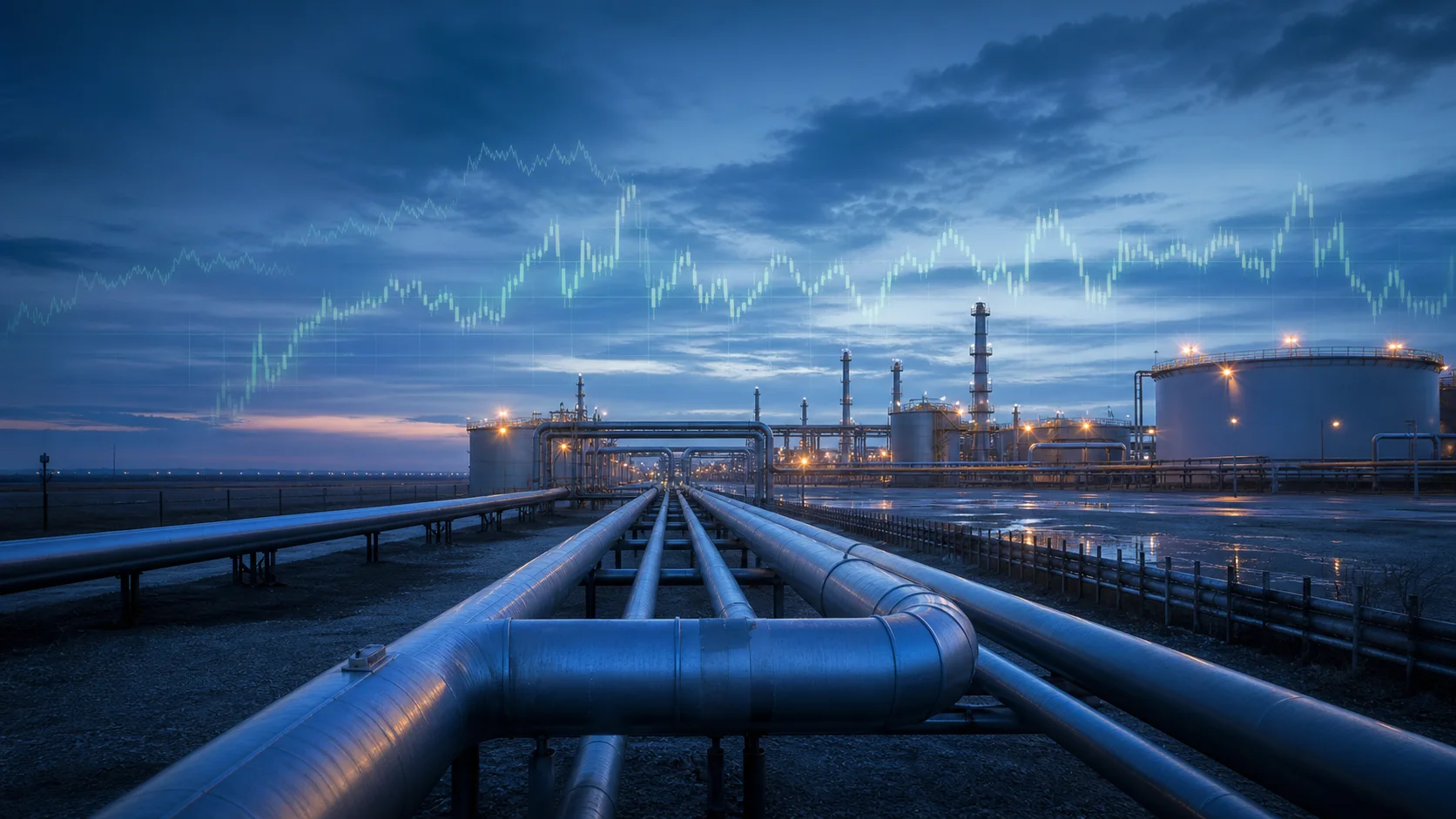 Natural gas pipeline and storage infrastructure at blue hour with a subtle market backdrop