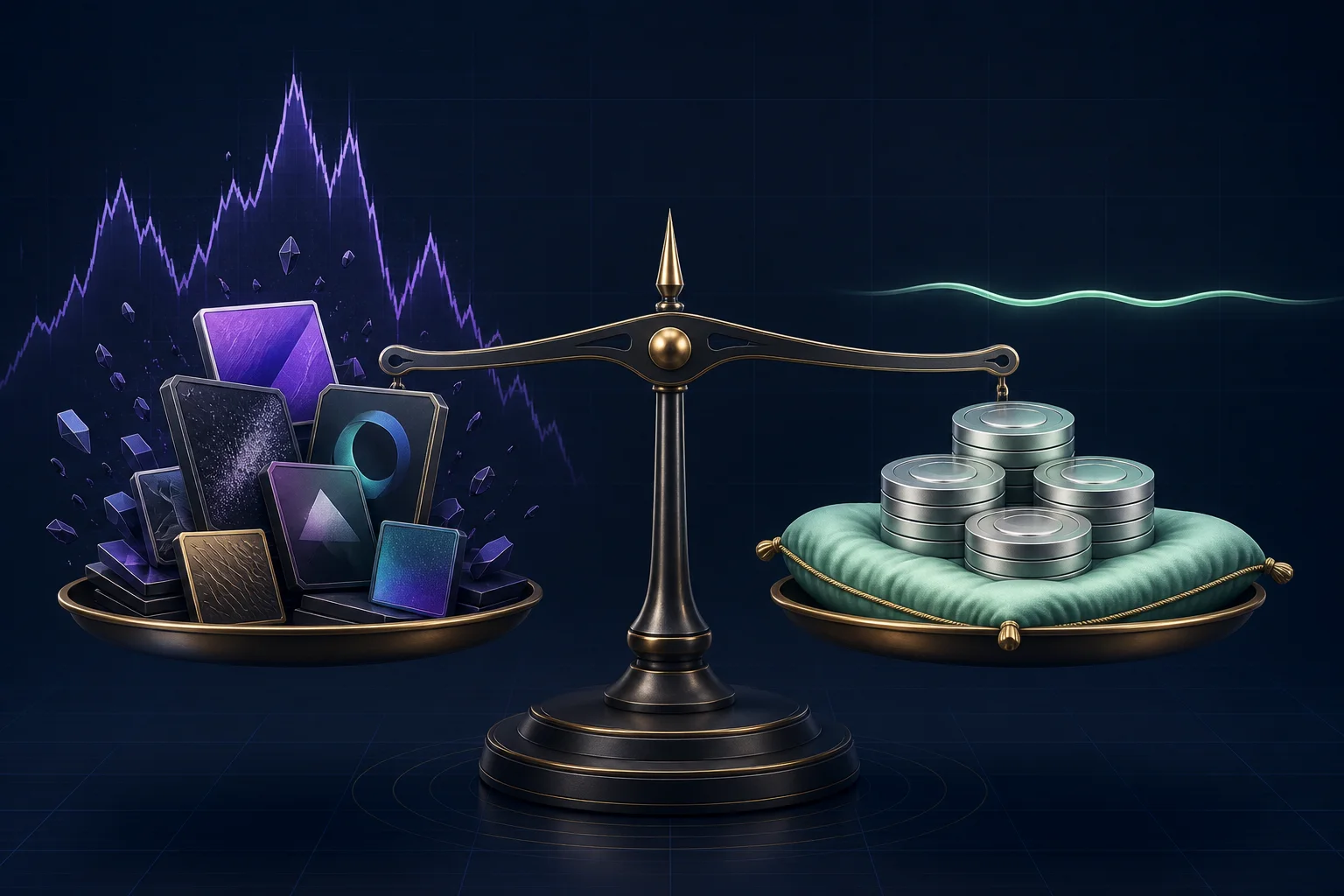 Conceptual balance between volatile NFT exposure and a stablecoin hedge reserve