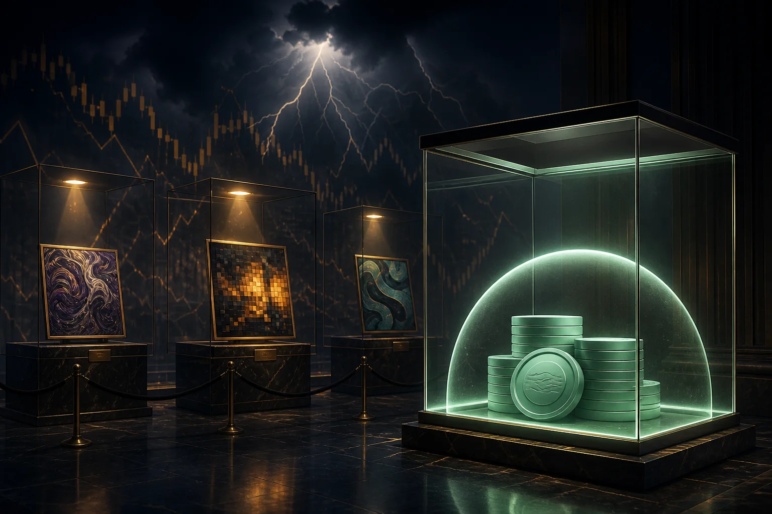 Conceptual NFT gallery with speculative collectibles protected by a stablecoin reserve