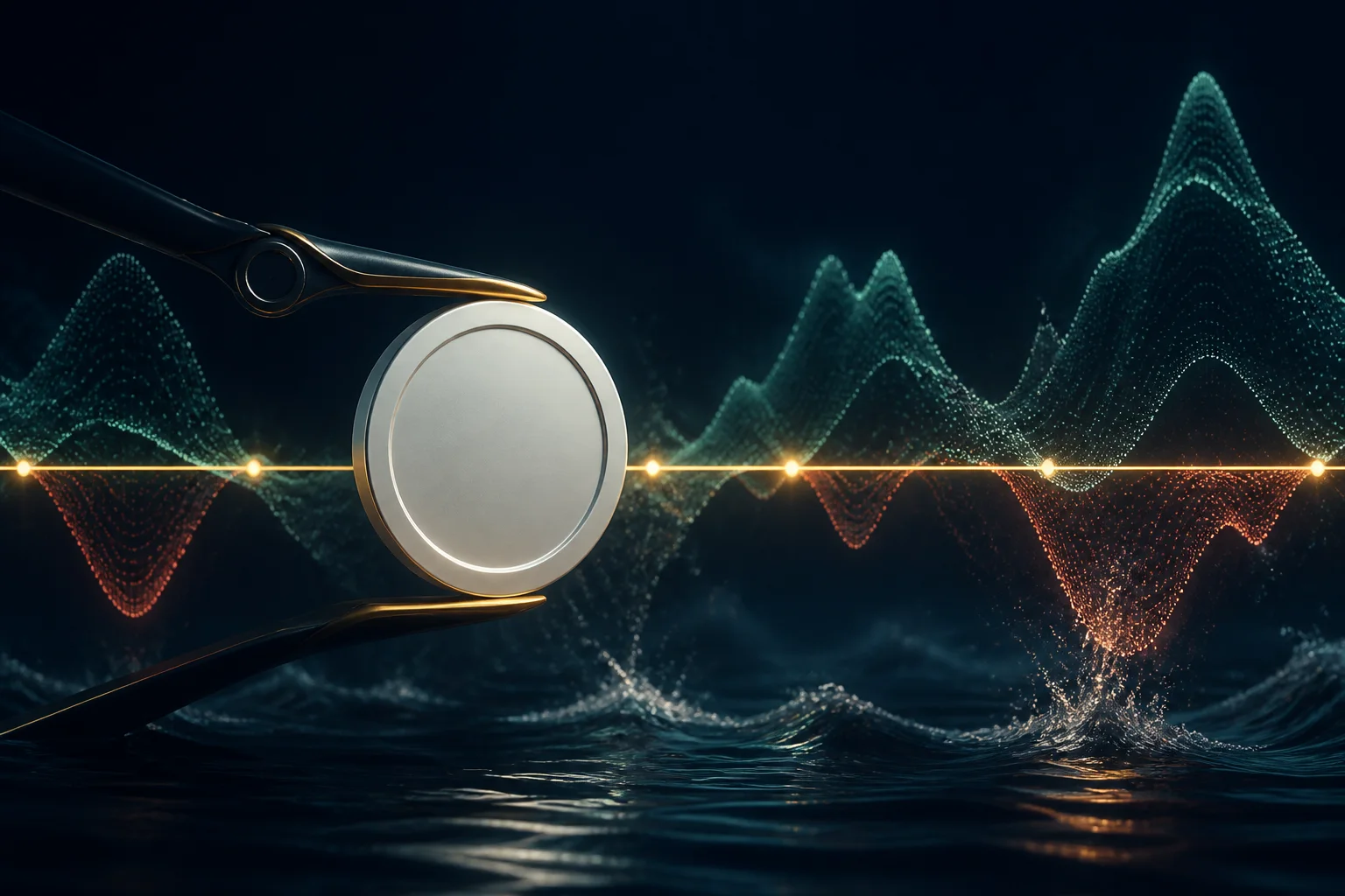 Conceptual stablecoin peg held near a steady reference line while market volatility moves around it