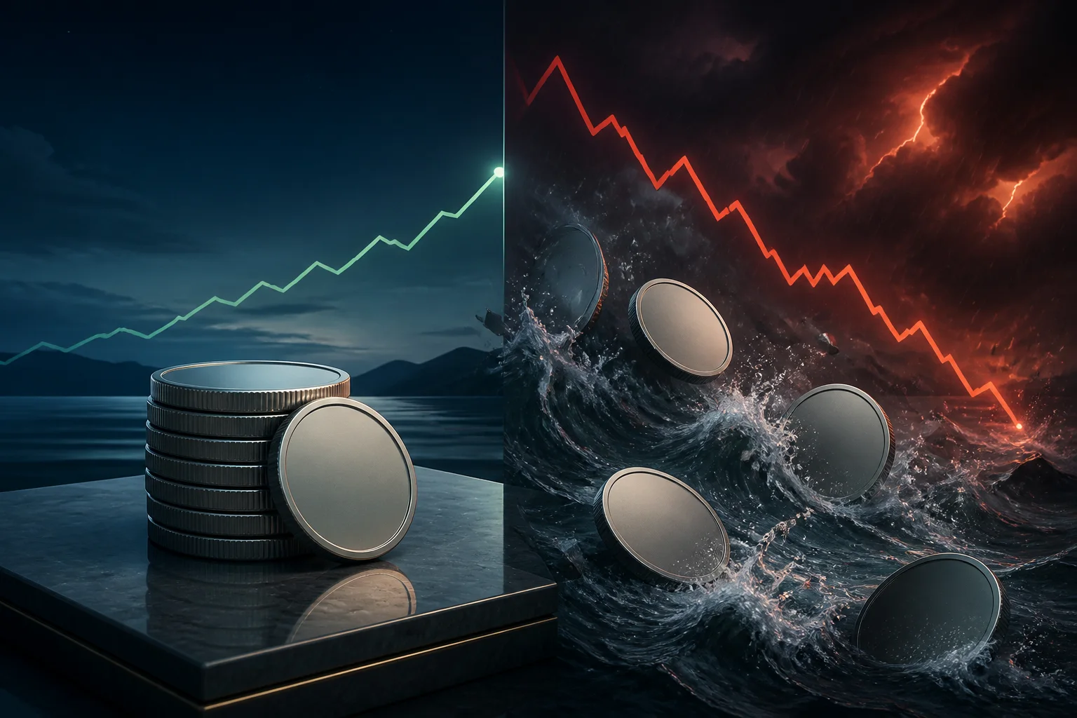 Conceptual comparison of blank-faced stable assets in calm conditions and volatile assets in a market storm