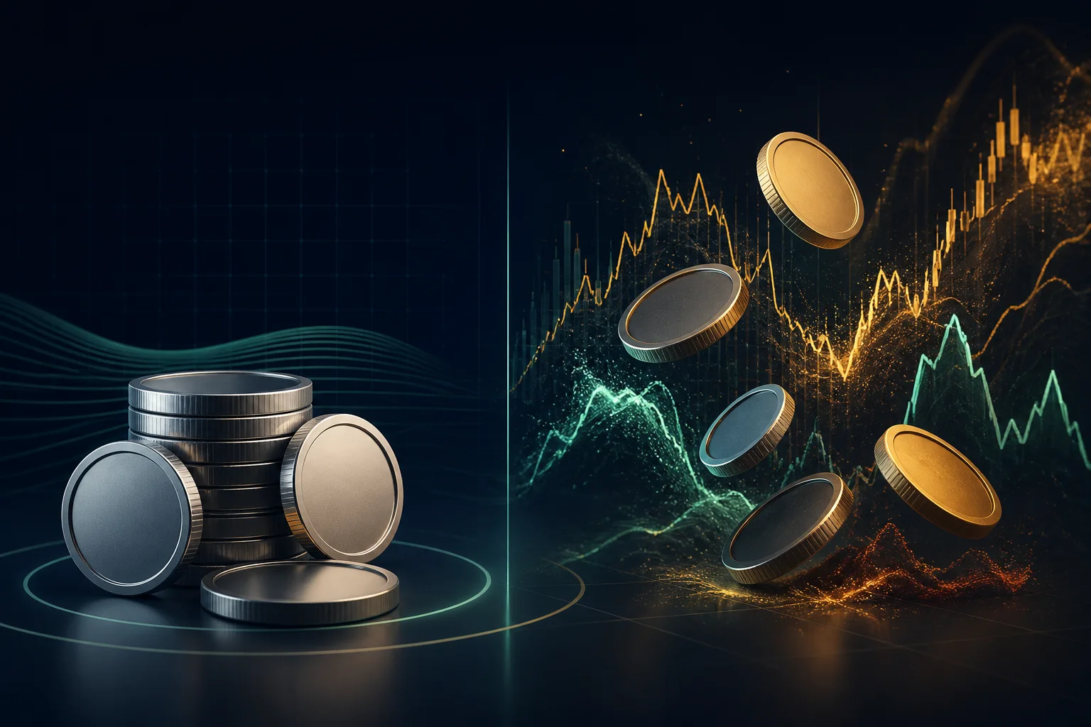 Conceptual comparison of calm stablecoin value and volatile crypto price movement