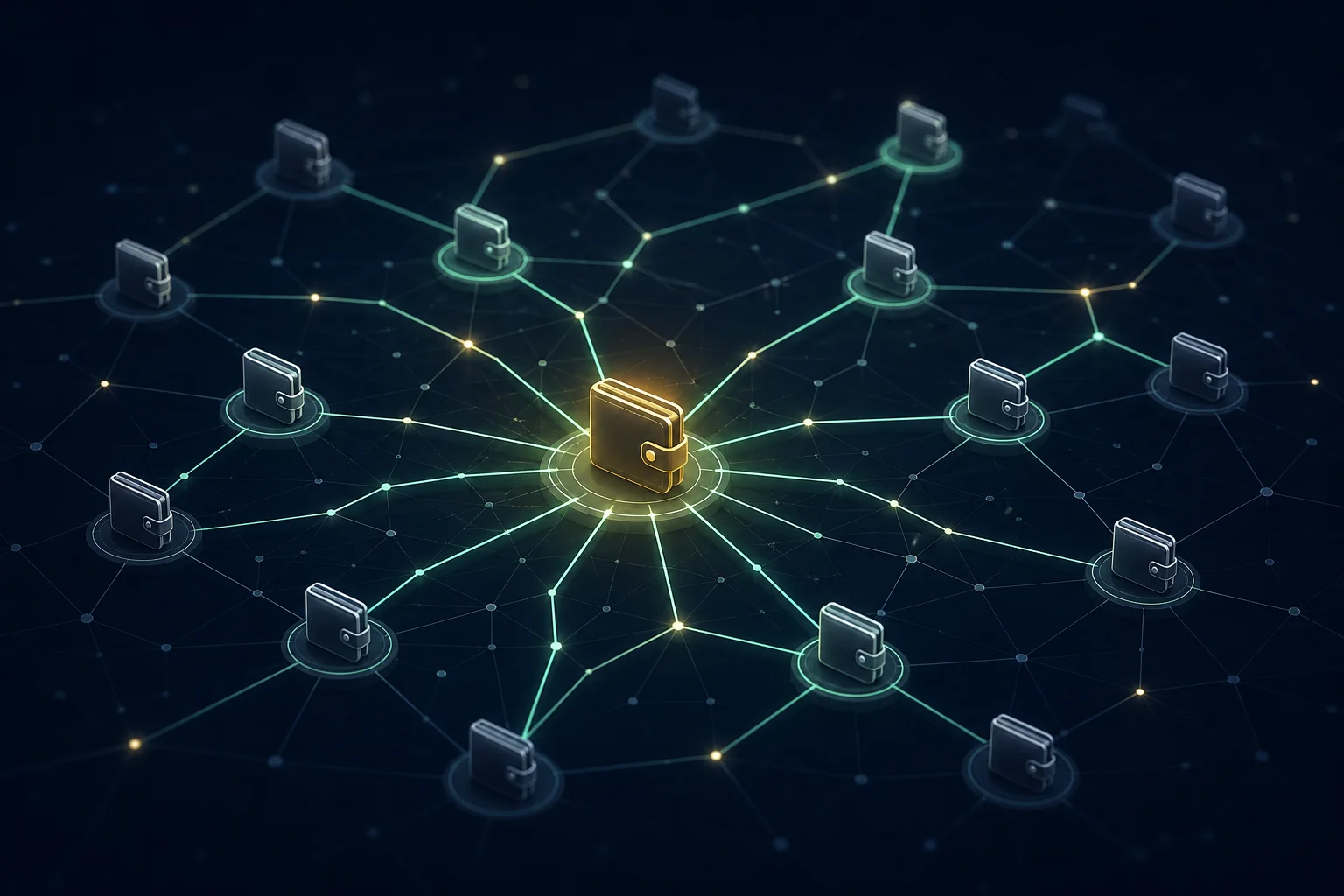 Conceptual blockchain privacy network showing one wallet address connected to many transactions
