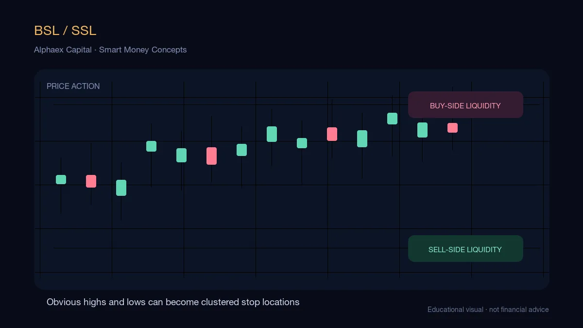 ICT liquidity chart showing buy-side liquidity above equal highs and sell-side liquidity below equal lows