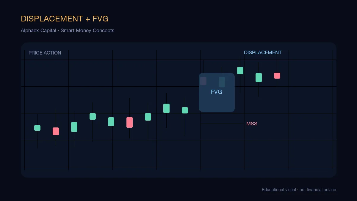 ICT displacement chart showing a strong impulsive candle breaking short-term structure and leaving a fair value gap