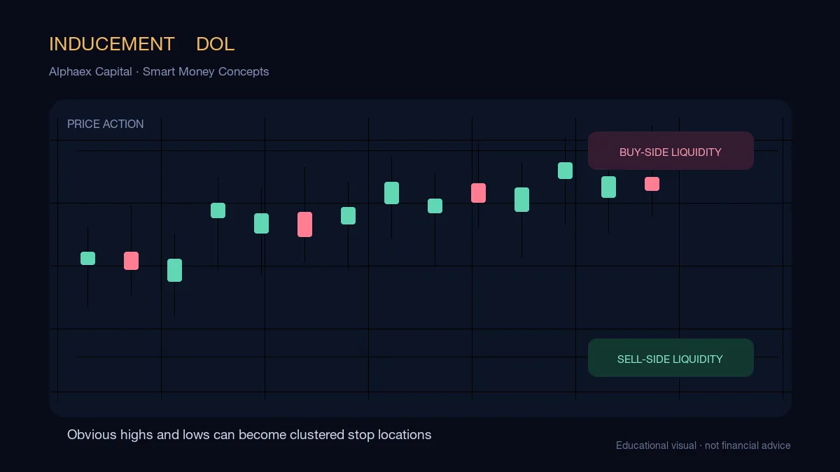 ICT inducement diagram showing a tempting minor swing before price reaches the larger external liquidity target