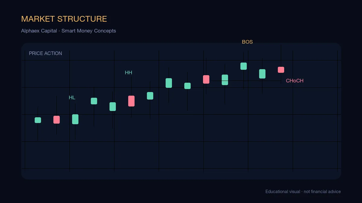 ICT market structure chart labeling higher highs, higher lows, lower highs, and lower lows across a price trend