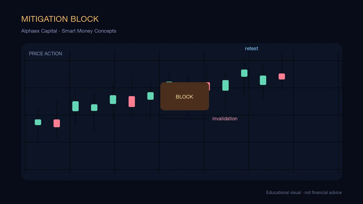 ICT mitigation block chart showing a prior order block being revisited, invalidated, and used as a reaction zone
