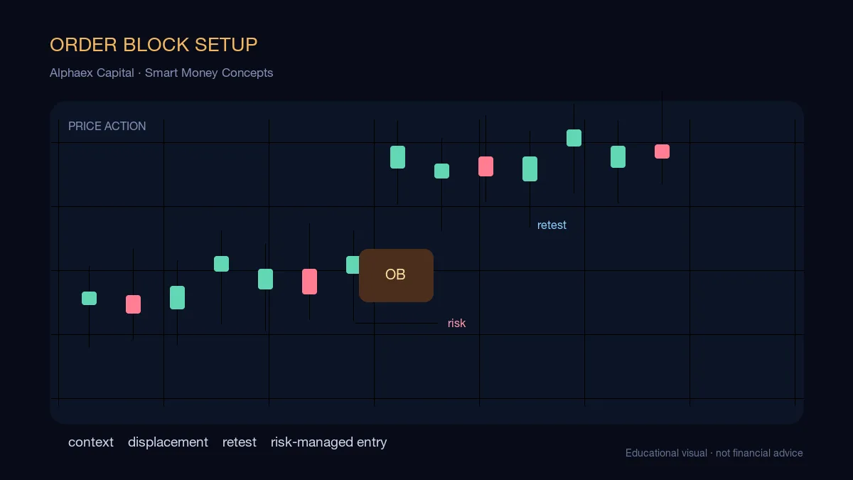 ICT order block trading strategy chart showing liquidity sweep, displacement, order block retest, stop placement, and target