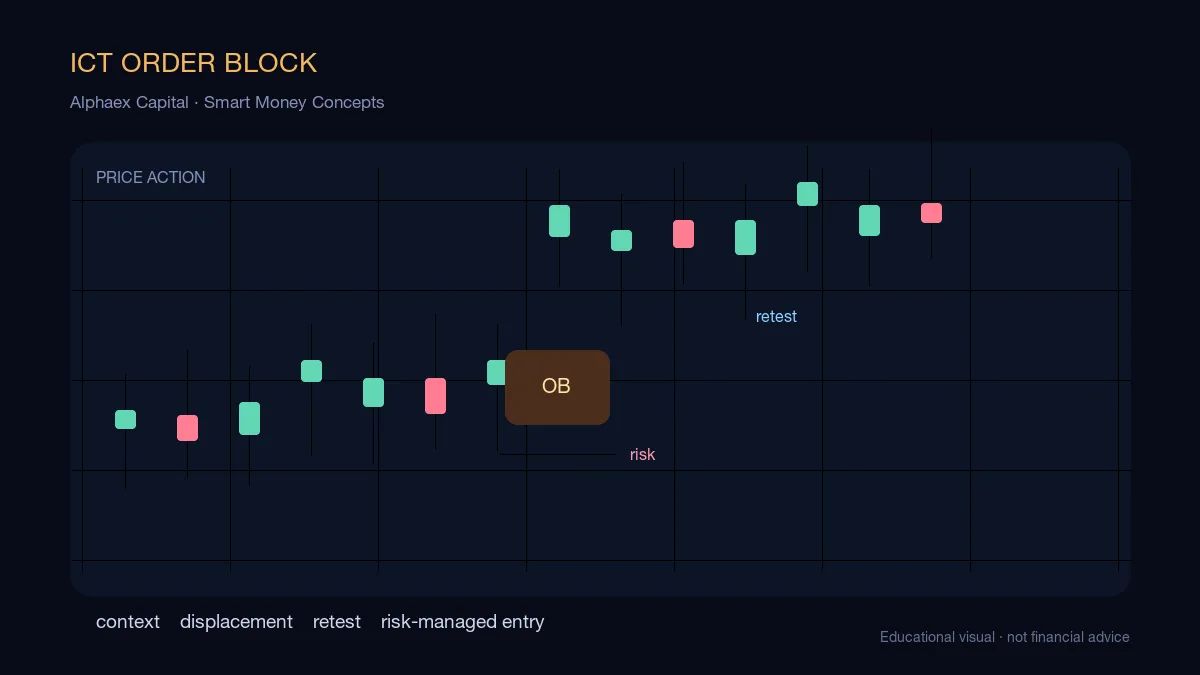 ICT order block diagram marking the last opposing candle before displacement and the zone price may revisit