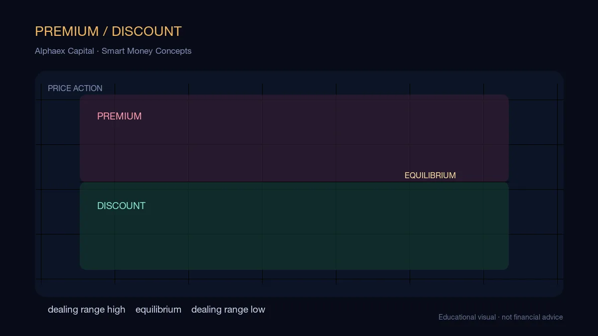 ICT dealing range diagram split into premium above equilibrium and discount below equilibrium with a midpoint line