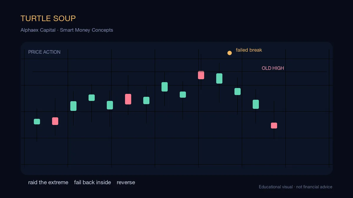 ICT Turtle Soup chart showing price taking a prior high, failing the breakout, and reversing back through the range