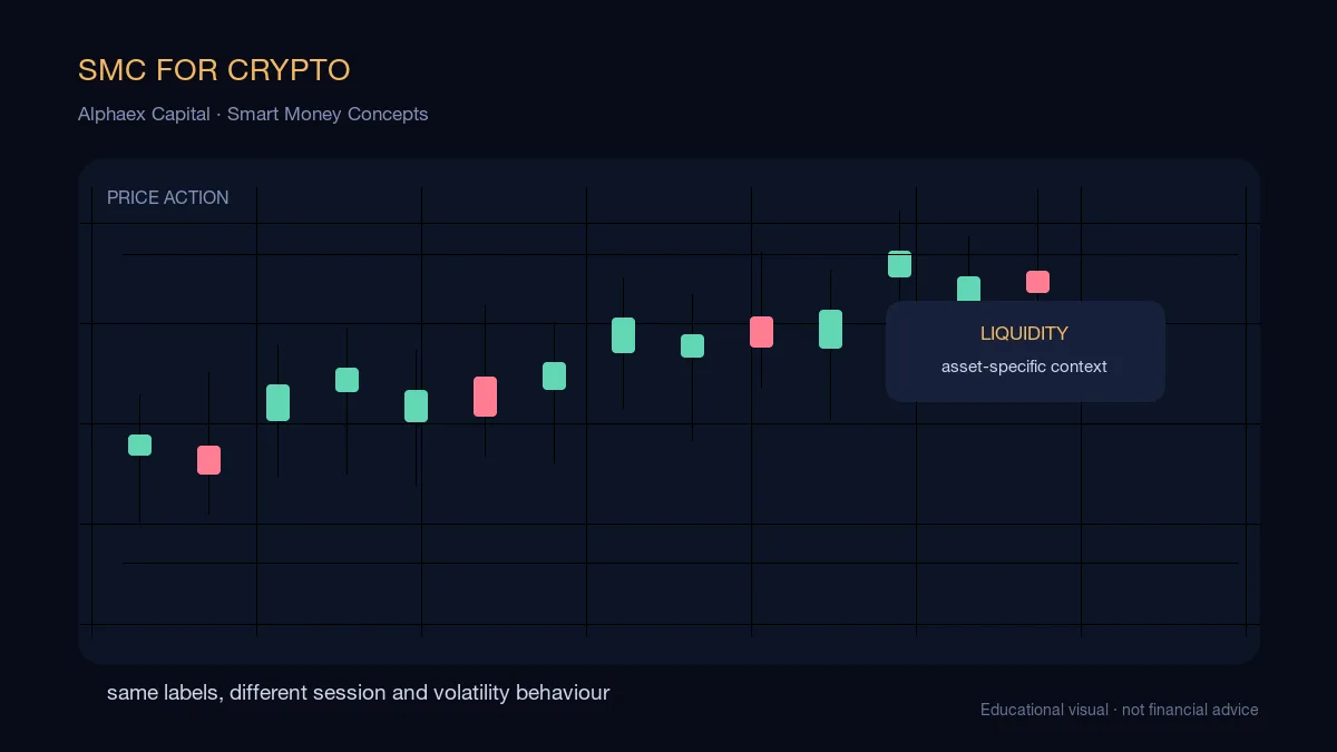 Smart Money Concepts for crypto diagram applying liquidity, fair value gaps, and session timing to a BTC and ETH chart