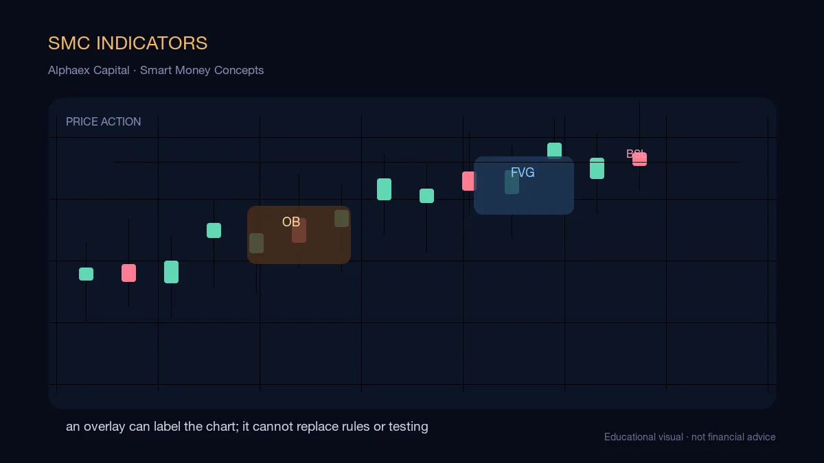 Smart Money Concepts indicator overlay showing order blocks, fair value gaps, market structure, and liquidity labels on a chart